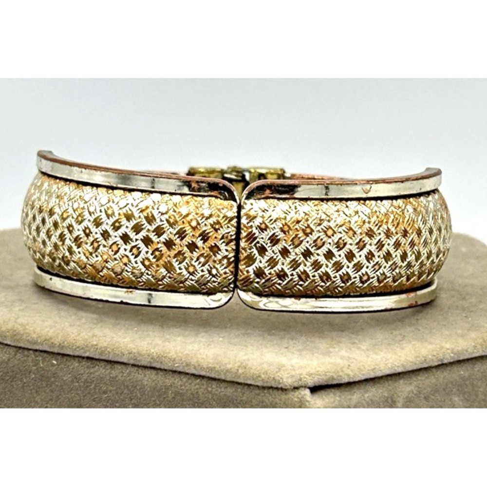 Gold Tone Basket Weave Clamper Bracelet Textured Hinged 2 3/8"
